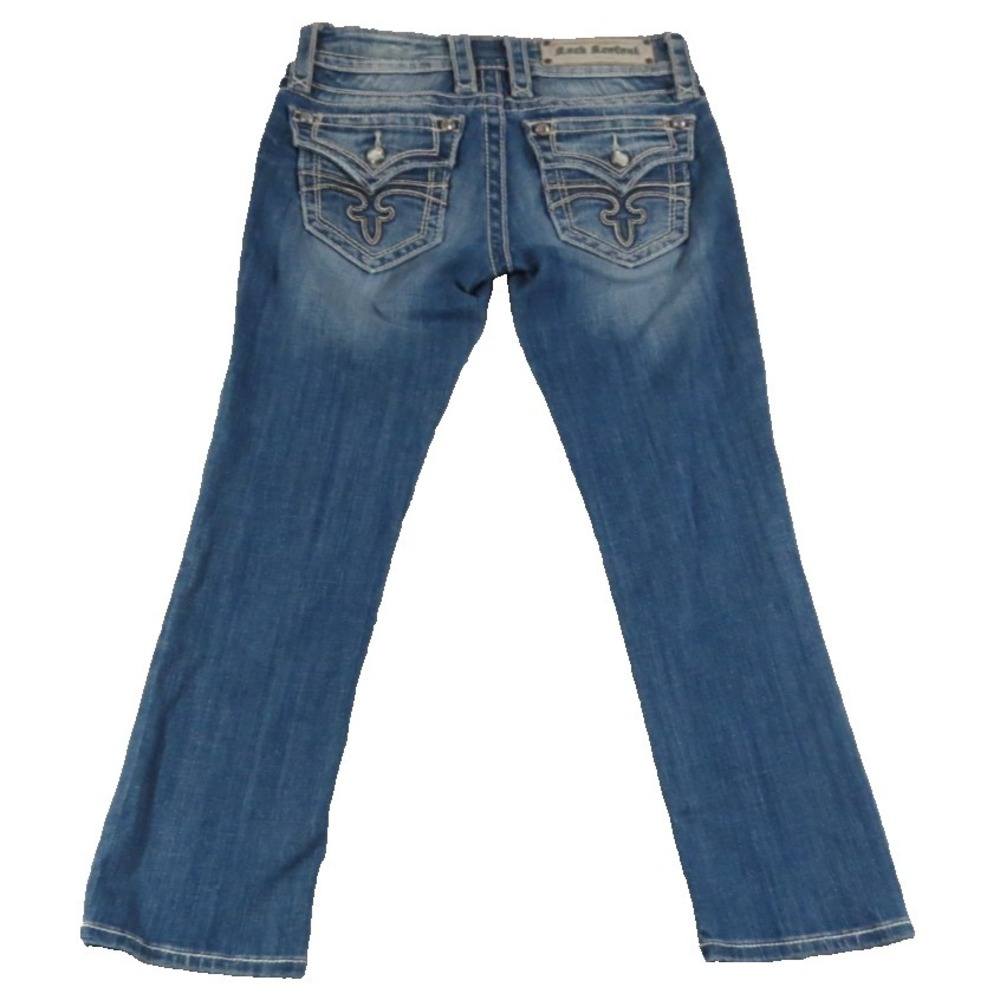 Y2K Rock Revival Celine Women 25 Blue Capri Jeans Orange Embroidered Flap Pocket